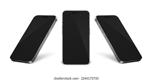 Vector 3d Realistic Gray Silver Chrome Modern Smartphone Design Template Set Closeup Isolated on White Background. Mobile Phone Mockup. Telephone Device UI UX, Phone in Front, Half Turn View