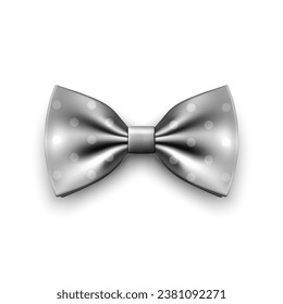 Vector 3d Realistic Gray Silver Bow Tie Icon Closeup Isolated on White Background. Silk Glossy Bowtie, Tie Gentleman. Mockup, Design Template. Bow tie for Man. Mens Fashion, Fathers Day Holiday