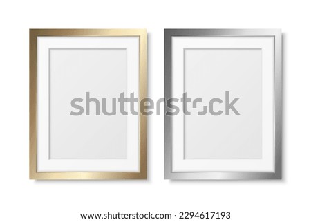 Vector 3d Realistic Gray and Yellow Metal, Silver and Golden Color Decorative Vintage Frame Set, Border Icon Closeup Isolated. A4, A5 Vertical Photo Frame Design Template for Picture, Border Design