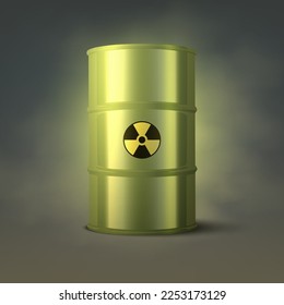 Vector 3d Realistic Green Barrel on Black Smoked Background, Nuclear Sign, Hazard Liquid. Caution, Radioactive, Hazardous Chemical Materials, Toxic Pollution, Danger Barrel Closeup. Front View