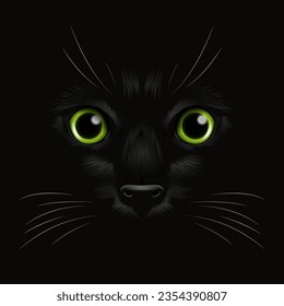 Vector 3d Realistic Green Cats Eye of a Black Cat in the Dark, at Night. Cat Face with Yes, Nose, Whiskers on Black. Cat Closeup Look in the Darkness. Front View