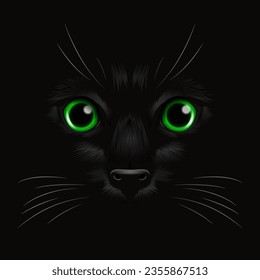 Vector 3d Realistic Green Cats Eye of a Black Cat in the Dark, at Night. Cat Face with Yes, Nose, Whiskers on Black. Cat Closeup Look in the Darkness. Front View