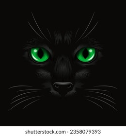 Vector 3d Realistic Green Cats Eye of a Black Cat in the Dark, at Night. Cat Face with Yes, Nose, Whiskers on Black. Cat Closeup Look in the Darkness. Front View