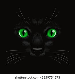 Vector 3d Realistic Green Cats Eye of a Black Cat in the Dark, at Night. Cat Face with Yes, Nose, Whiskers on Black. Cat Closeup Look in the Darkness. Front View