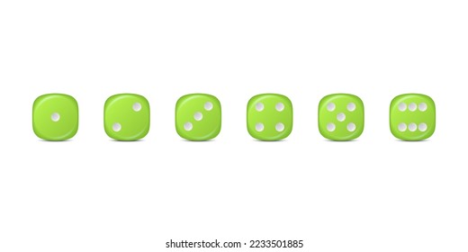 Vector 3d Realistic Green Game Dice Icon Set Closeup Isolated. Game Cubes for Gambling, Casino Dices From One to Six Dots, Round Edges