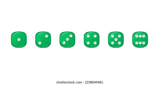 Vector 3d Realistic Green Game Dice Icon Set Closeup Isolated. Game Cubes for Gambling, Casino Dices From One to Six Dots, Round Edges