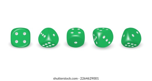Vector 3d Juego Verde Realista Dice con Ícono De Puntos Blancos Set Closeup Aislado en Fondo Blanco. Cubos de juego para juegos de azar en diferentes posiciones, juegos de casino, bordes redondos
