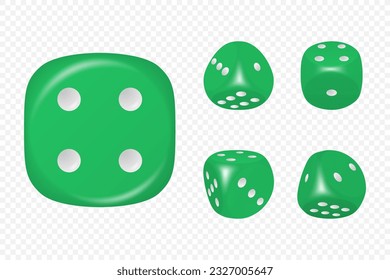 Vector 3d Realistic Green Game Dice with White Dots Set in Different Positions Isolated. Gambling Games Design, Casino, Poker, Tabletop, Board Games. Realistic Cubes with Random Numbers, Rounded Edges