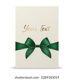 Vector 3d Realistic Green Gift Ribbon and Bow with White Greeting Card Background. Bow Design Template, Concept for Birthday, Christmas Presents, Gifts, Invitation, Card, Gift Box. Holiday Decoration