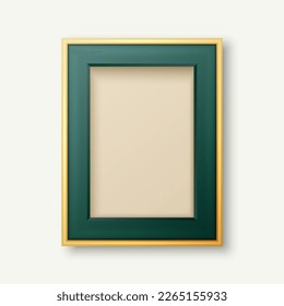 Vector 3d Marco de color verde realista y dorado decorativo vintage, Icono de borde cerrado aislado en fondo blanco. Plantilla de diseño de fotograma para imagen, diseño de borde, vista frontal