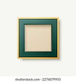 Vector 3d Realistic Green and Golden Decorative Vintage Frame, Border Icon Closeup Isolated on White Background. Square Photo Frame Design Template for Picture, Border Design, Front View