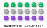 Vector 3d Realistic Green, Gray, Purple Game Dice Icon Set Closeup Isolated. Game Cubes for Gambling, Casino Dices From One to Six Dots, Round Edges