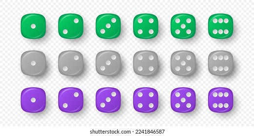 Vector 3d Realistic Green, Gray, Purple Game Dice Icon Set Closeup Isolated. Game Cubes for Gambling, Casino Dices From One to Six Dots, Round Edges svg