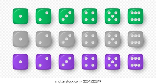 Vector 3d Realistic Green, Gray and Purple Game Dice Icon Set Closeup Isolated on White Background. Game Cubes for Gambling, Casino Dices From One to Six Dots, Round Edges