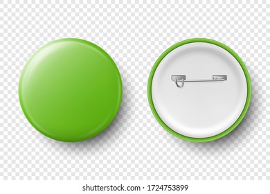 Vector 3d Realistic Green Metal, Plastic Blank Button Badge Icon Set Isolated on Transparent Background. Top View - Front and Back Side. Template for Branding Identity, Logo, Presentations. Mock-up