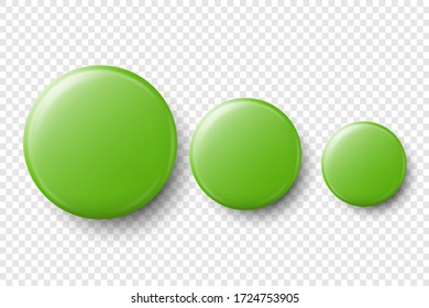 Vector 3d Realistic Green Metal, Plastic Blank Button Badge Set Different Sizes Closeup Isolated on Transparent Background. Top View. Template for Branding Identity, Graphic Presentations. Mock-up