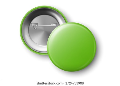 Vector 3d Realistic Green Metal, Plastic Blank Button Badge Icon Set Isolated on Transparent Background. Top View - Front and Back Side. Template for Branding Identity, Logo, Presentations. Mock-up
