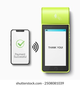 Vector 3D Realistic Green NFC Payment Terminal and Smartphone Closeup. Successful Payment, Transaction. Payment Machine, Approved Status. Design Template, Bank Payment Contactless Terminal