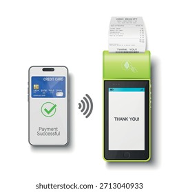 Terminal de pago NFC verde realista de Vector 3d con primer plano de teléfono inteligente. Pago aprobado y transacción exitosa. Plantilla de la máquina de pago sin contacto, terminal POS de transacción de tarjeta bancaria