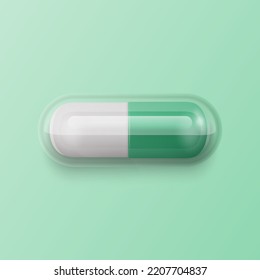 Vector 3d Realistic Green Pharmaceutical Medical Pill, Capsule, Tablet on Green Background. Top, Front View. Flat Lay. Copy Space. Herbal Medicine Concept