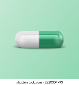 Vector 3d Realistic Green Pharmaceutical Medical Pill, Capsule, Tablet on Green Background. Front View. Copy Space. Herbal Medicine Concept