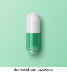 Vector 3d Realistic Green Pharmaceutical Medical Pill, Capsule, Tablet on Green Background. Front View. Herbal Medicine Concept