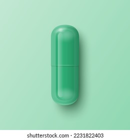 Vector 3d Realistic Green Pharmaceutical Medical Pill, Capsule, Tablet on Green Background. Front View. Herbal Medicine Concept