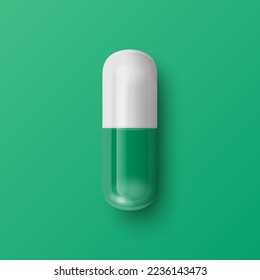 Vector 3d Realistic Green Pharmaceutical Medical Pill, Capsule, Tablet on Green Background. Front View. Herbal Medicine Concept