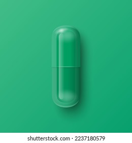 Vector 3d Píldora médica farmacológica verde realista, cápsula, tableta de fondo verde. Vista frontal. Concepto de medicina a base de plantas