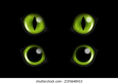 Vector 3d Realistic Green Round Glowing Cats Eyes of a Black Cat Set. Cat Look in the Dark Black Background Closeup. Glowing Cat or Panther Eyes