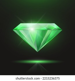 Vector 3d Realistic Green Transparent Triangle Glowing Gemstone, Diamond, Crystal, Rhinestone Closeup on Black Background. Jewerly Concept. Design Template, Banner