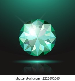 Vektor 3d realistisches Grün, Türkis, blau transparenter Rundgrün, Diamant, Kristall, Rhinestone, Nahaufnahme auf schwarzem Hintergrund. Jewerly Concept. Vorlage entwerfen, Banner