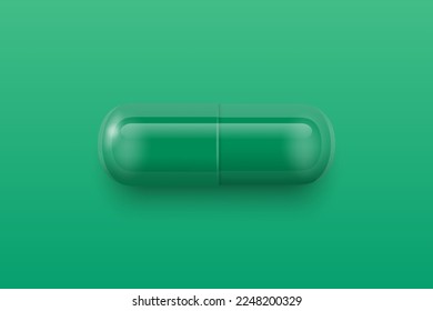 Vector 3d Realistic Green and White Pharmaceutical Medical Pill, Capsule, Tablet on Green Background. Front View. Copy Space. Medicine, Male Health Concept