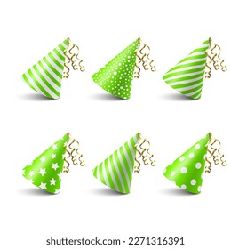 Vector 3d Realistic Green and White Birthday Party Hat Icon Set Isolated on White Background. Party Cap Design Template for Party Banner, Greeting Card. Holiday Hats, Cone Shape, Front View