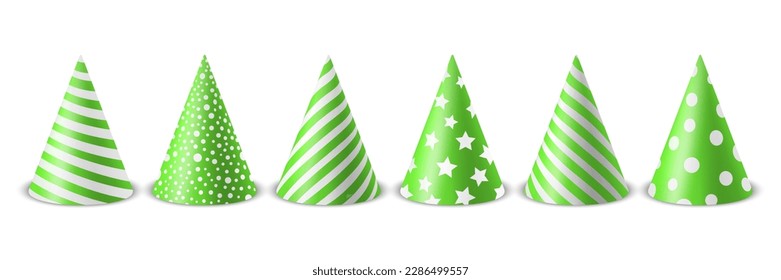 Vector 3d Realistic Green and White Birthday Party Hat Icon Set Isolated on White Background. Party Cap Design Template for Party Banner, Greeting Card. Holiday Hats, Cone Shape, Front View