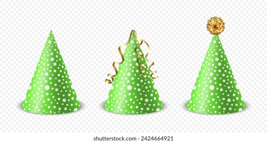 Vector 3d Realistic Green and White Birthday Party Hat Icon Set Isolated. Party Cap Design Template for Party Banner, Greeting Card. Holiday Hats, Cone Shape, Front View
