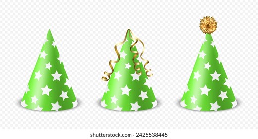 Vector 3d Realistic Green and White Birthday Party Hat Icon Set Isolated. Party Cap Design Template for Party Banner, Greeting Card. Holiday Hats, Cone Shape, Front View