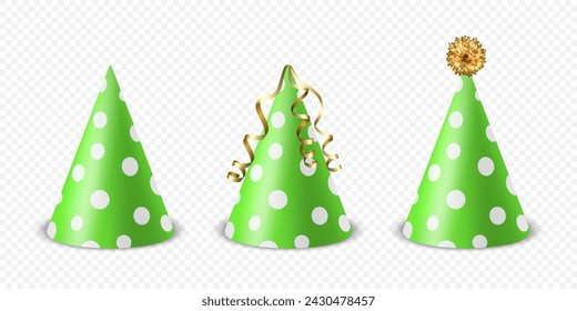 Vector 3d Realistic Green and White Polka Dot Birthday Party Hat Set Isolated. Party Cap Design Template for Party, Greeting Greeting Card. Holiday Hats in Cone Shape. Front View with Shadow