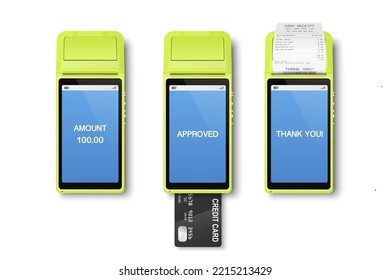 Vector 3d Realistic Green Wi-Fi Payment Machine, Credit Card, Receipt. POS Terminal Isolated. Design Template, Bank Payment Terminal, Mockup. Processing NFC Payments Device. Top View