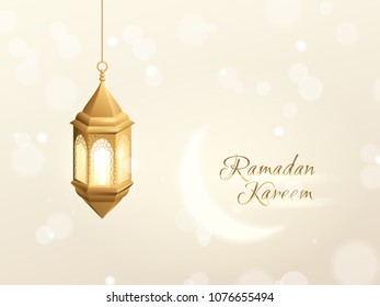 Vector 3d realistic greeting card with gold islamic lantern, shiny moon and a text “Ramadan Kareem”. Light elegant background with effect bokeh.