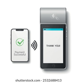 Vector 3D realista gris NFC terminal de pago y primer plano del teléfono inteligente. Pago correcto, Transacción. Máquina de pago, Estado aprobado. Plantilla del diseño, terminal sin contacto del pago del banco