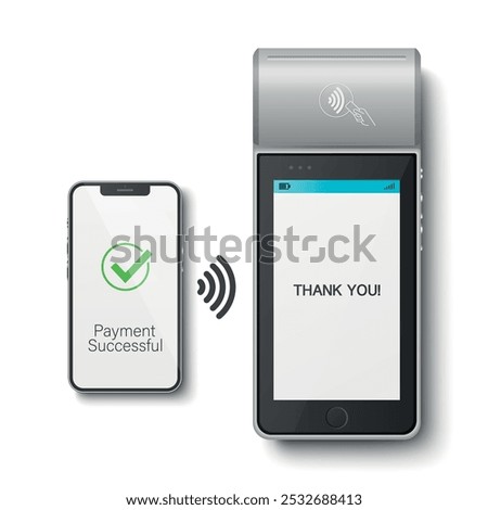 Vector 3D Realistic Grey NFC Payment Terminal and Smartphone Closeup. Successful Payment, Transaction. Payment Machine, Approved Status. Design Template, Bank Payment Contactless Terminal