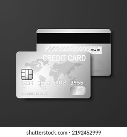 Vector 3d Realistic Grey Silver Credit Card. Design Template of Plastic Credit or Debit Card for Mockup, Branding. Credit Card Payment Concept. Front and Back View