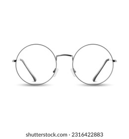 Vector 3d Realistic Grey Silver Round Frame Glasses. Colorless Transparent Sunglasses for Women and Men, Accessory. Optics, Lens, Vintage, Trendy Glasses. Front, Top View