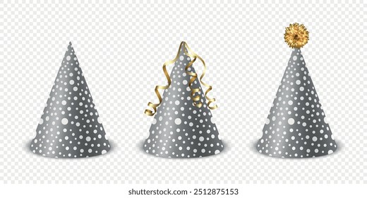 Vector 3d Realistic Grey and White Birthday Party Hat Icon Set Isolated. Party Cap Design Template for Party Banner, Greeting Card. Holiday Hats, Cone Shape, Front View