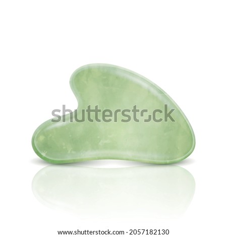 Vector 3d Realistic Gua Sha, Jade Roller, Scraping Massage Tool. Natural Green Quartz Stone Scraper. Chinese Traditional Woman Facial Lifting. Front View