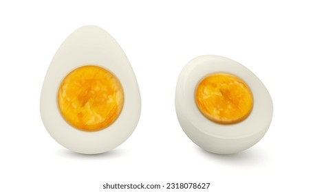 Vector 3d Realistic Halved Chicken Egg Set. Peeled Boiled Chicken Egg, Hard-Boiled Chicken Egg With Yolk Closeup Isolated, Cut in Half, Front, Side View