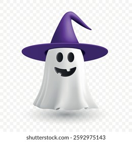 Vector 3d Realistic Happy Ghost in Witch Hat. Spooky Halloween Ghost, Cute Floating Spirit. Funny Cartoon Ghost, Isolated. Scary Character Illustration. Halloween Clipart, Smiling Ghost Vector Art