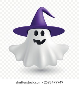 Vector 3d Realistic Happy Ghost in Witch Hat. Spooky Halloween Ghost, Cute Floating Spirit. Funny Cartoon Ghost, Isolated. Scary Character Illustration. Halloween Clipart, Smiling Ghost Vector Art