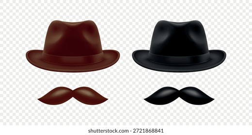 Vector 3d realista sombrero y bigote conjunto en marrón y negro. Sombrero y bigote de caballero de Antiguas para barbería, traje retro, diseño hipster. Sombrero y bigote Ilustración